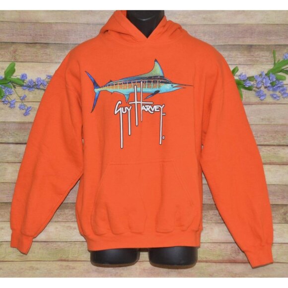 Guy Harvey Men's Orange Hoodie Pocket Sweatshirt Size L Swordfish & Logo Comfy - Picture 3 of 12
